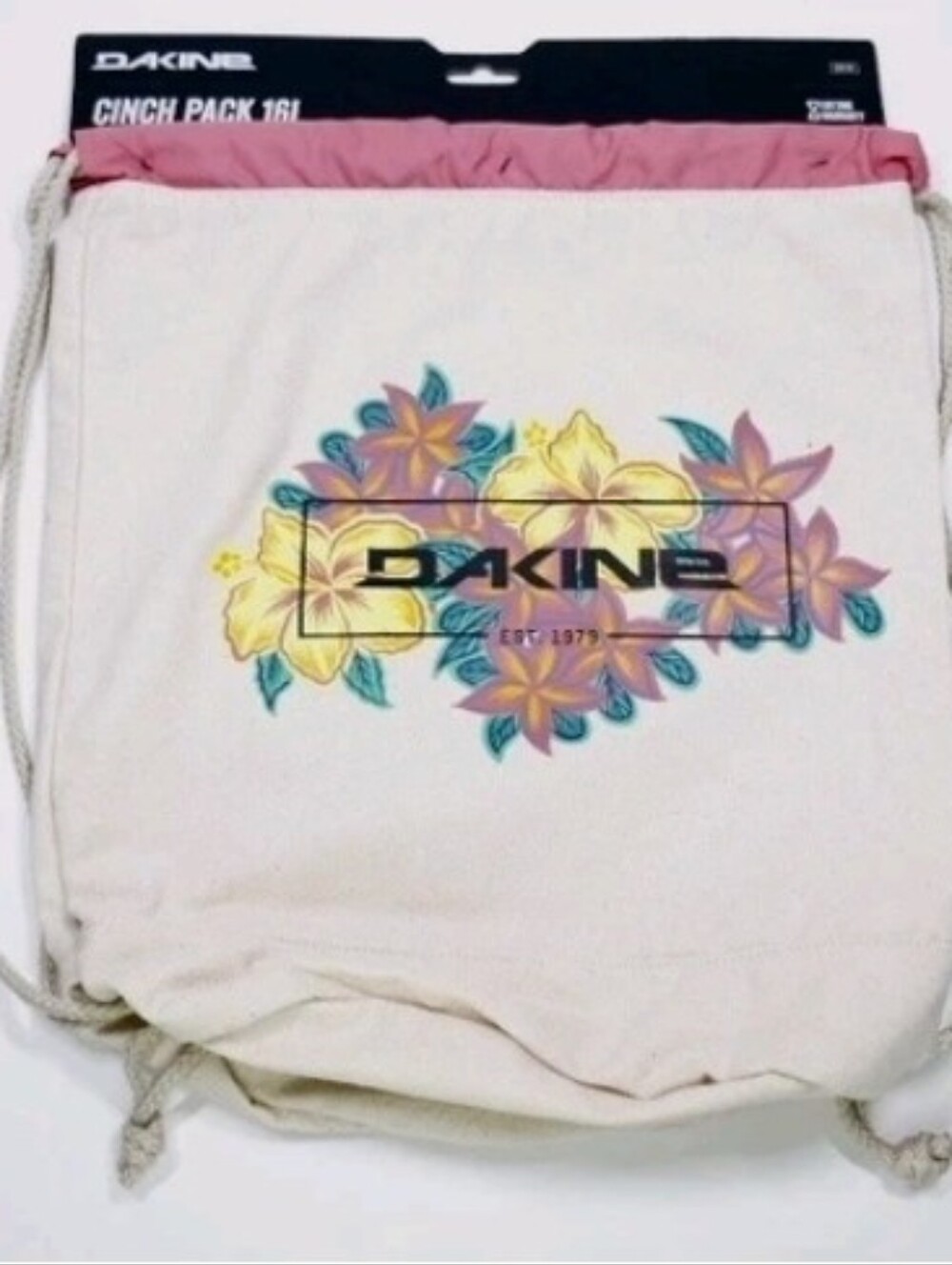 Dakine NWT 16L Cream Drawstring Cinch Pack with Pink Trim and Floral Print